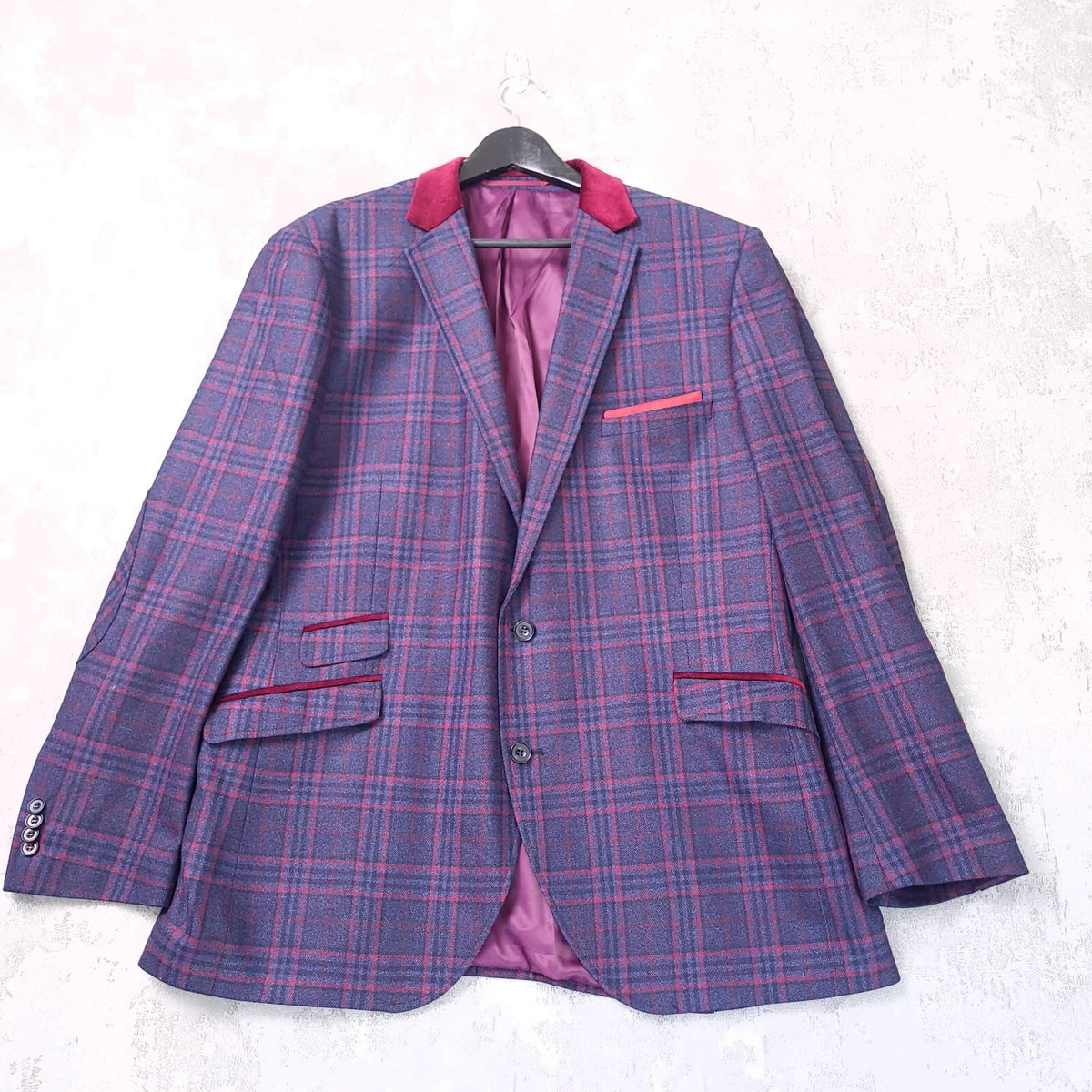Brook Taverner Tweed Blazer Mens 46R Regular Blue Red Check Velvet Sport Coat