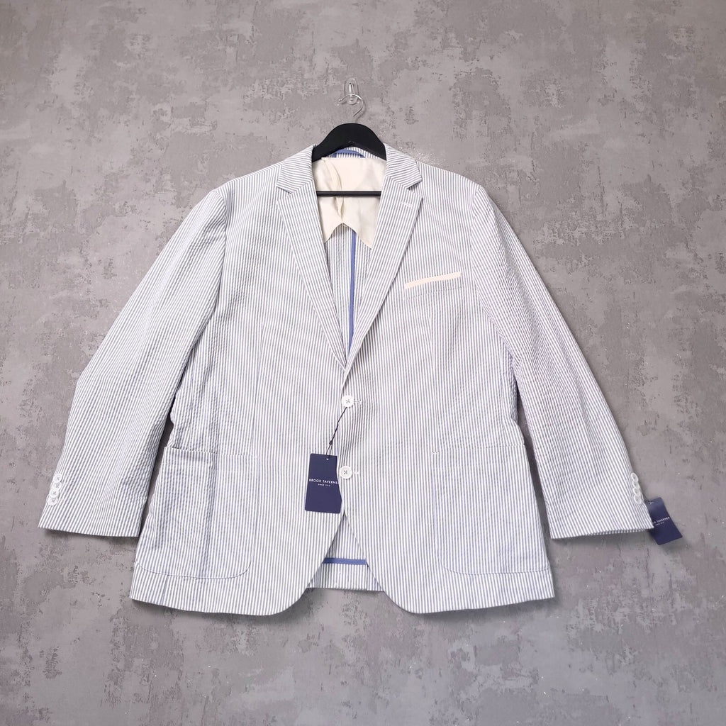Brook Taverner Seersucker Blazer Jacket Mens 46S Tailored Blue Stripe Boating