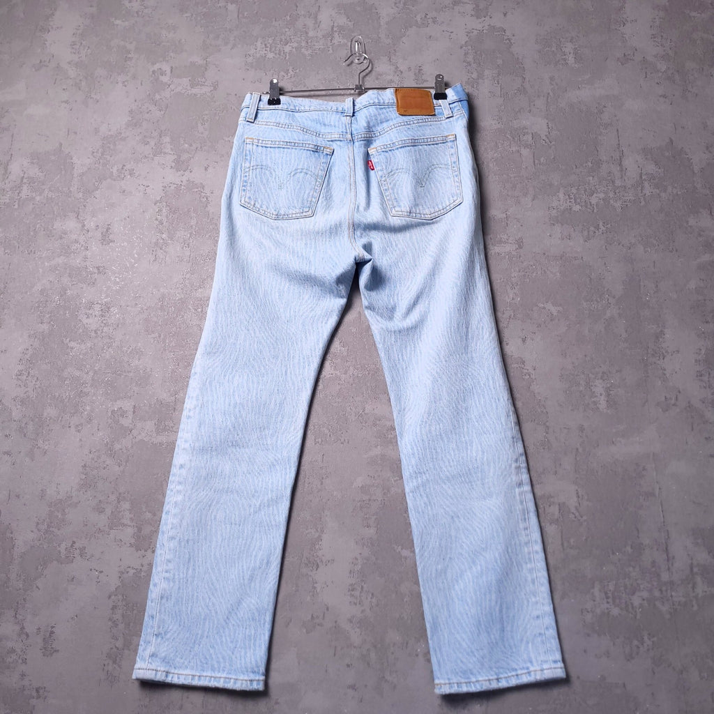 Levis 501 Jeans Womens W28 L28 Straight Leg Light Blue Wavy Print Button Fly