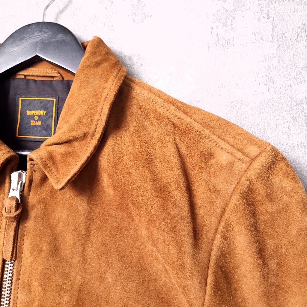 Superdry Suede Leather Jacket Mens M Regular Fit Brown Tan Harrington Full Zip