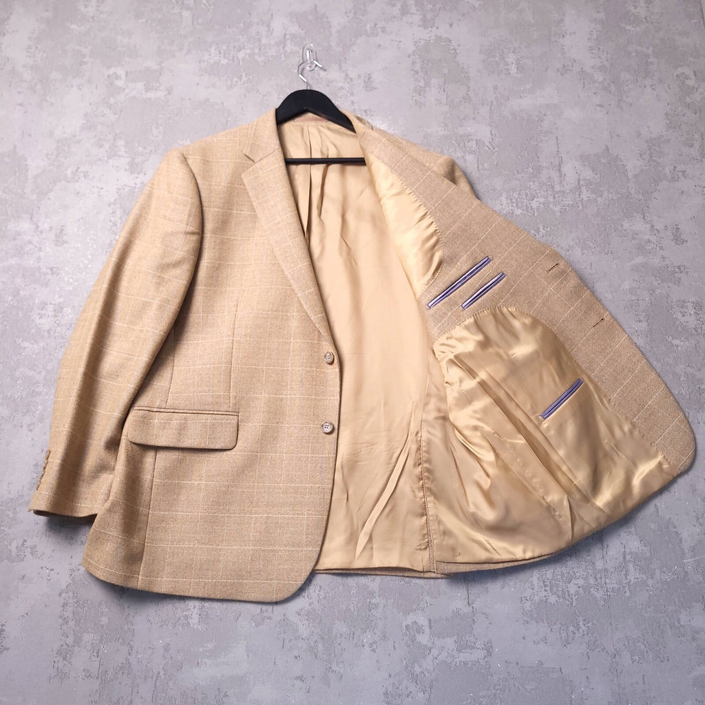 Brook Taverner Tweed Blazer Jacket Mens 46S Tan Blue Check 100% Wool Sport Coat
