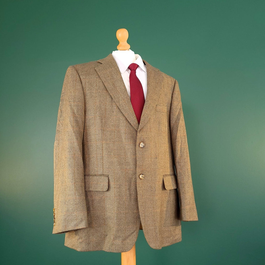 Marks & Spencer Tweed Blazer Jacket Mens 42S Beige Check Sport Coat Pure Wool