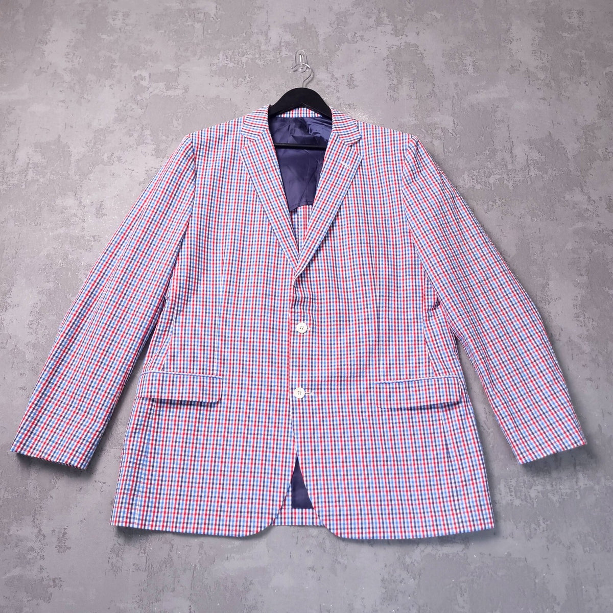 Brooks Brothers Seerscuker Blazer Jacket Mens 46L  Red Blue Cotton Check Sport