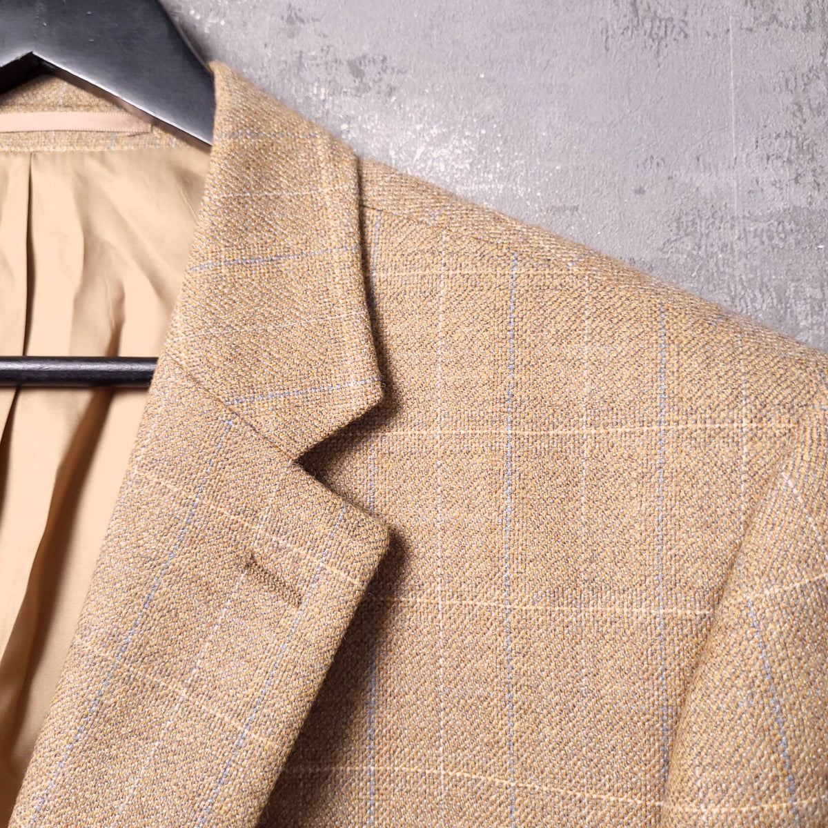 Brook Taverner Tweed Blazer Jacket Mens 46S Tan Blue Check 100% Wool Sport Coat