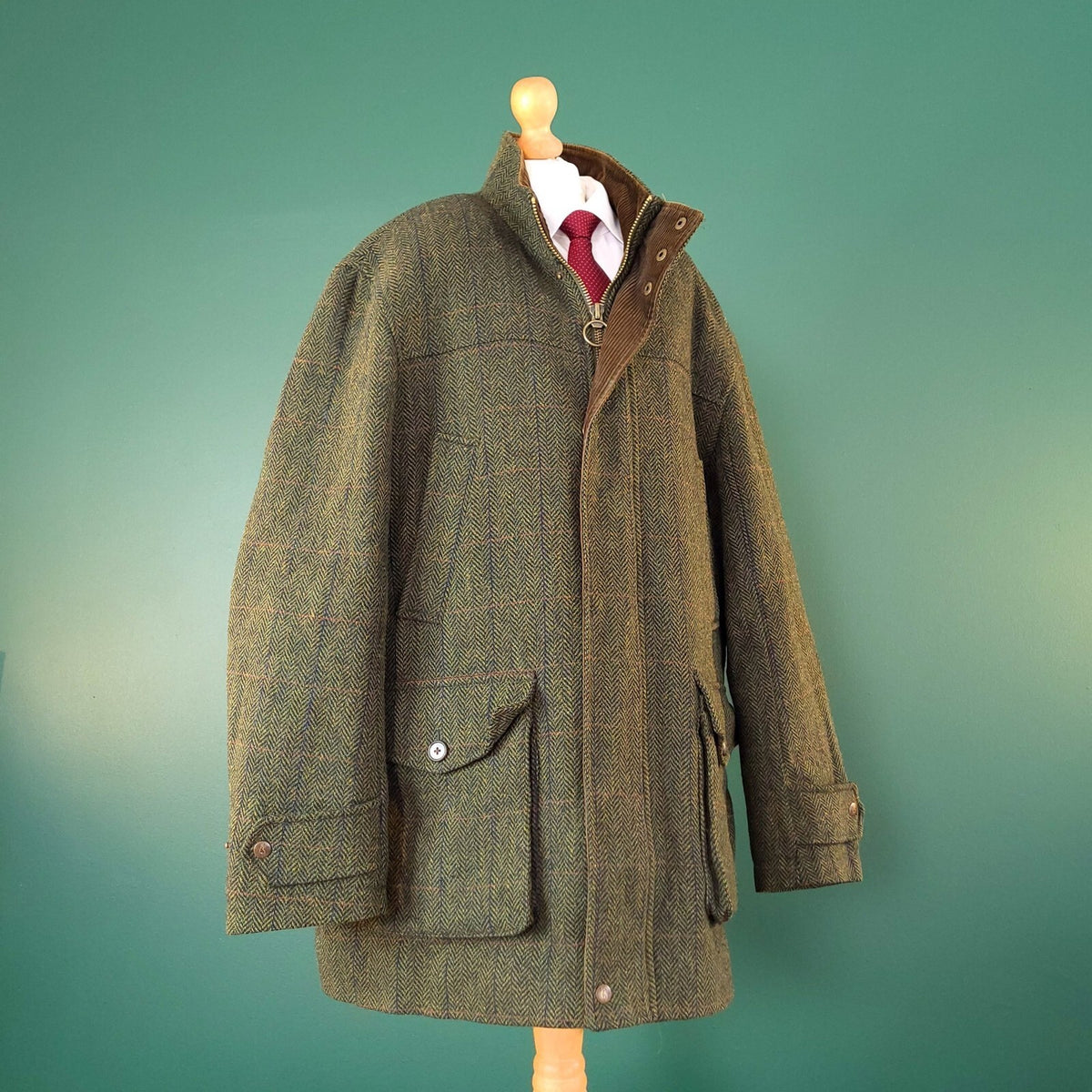 P.G. Field Tweed Field Coat Mens Large Reg Fit Olive Green Herringbone Jacket