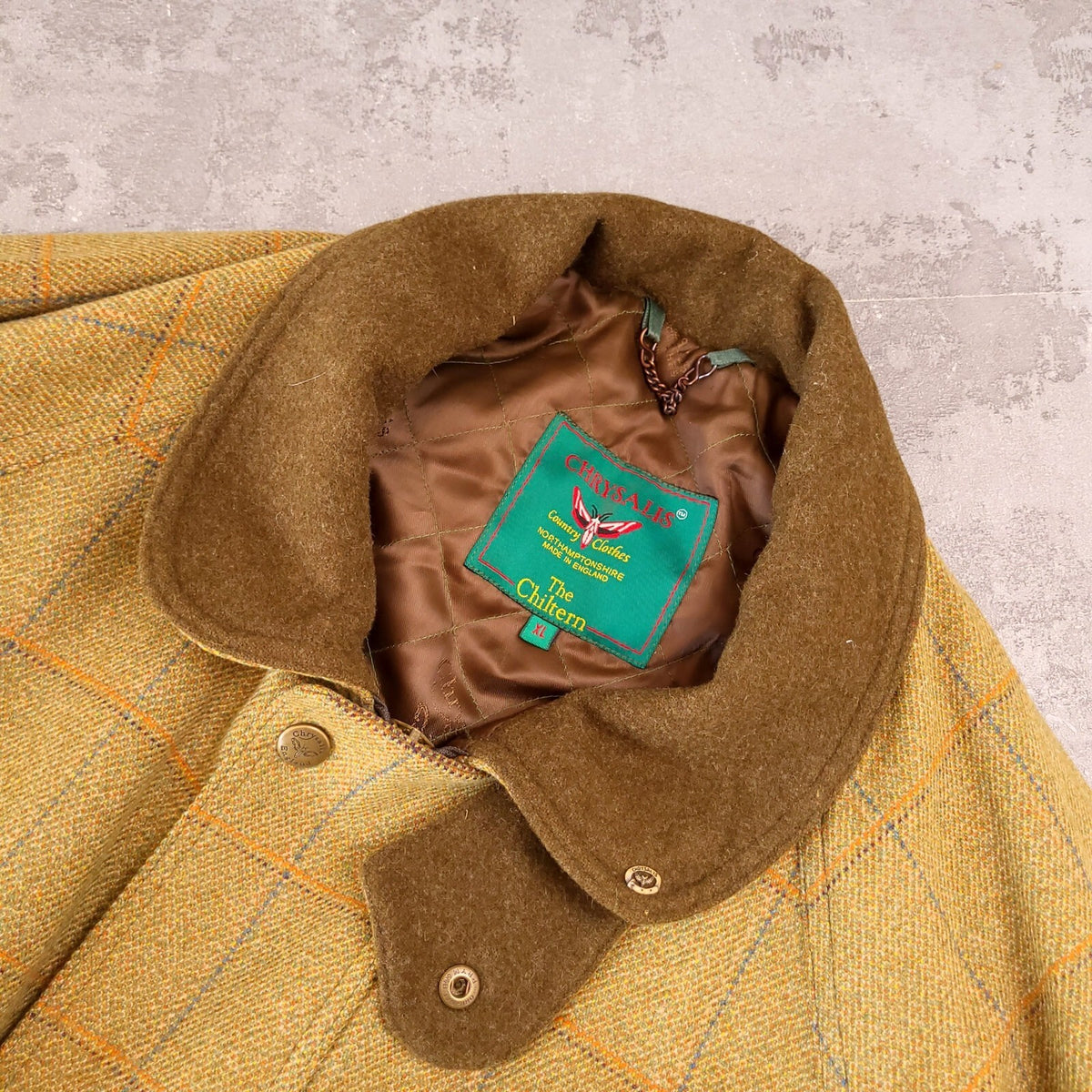 Chrysalis Tweed Overcoat Field Jacket Mens XL Mustard Yellow Check The Chiltern