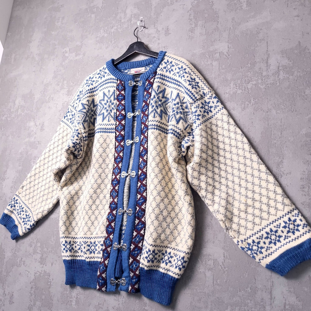 Dale Of Norway Wool Cardigan Mens XL Regular Fit Blue White Nordic Clasp