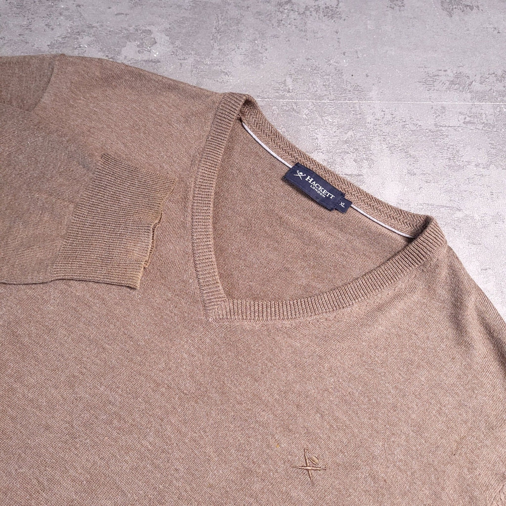 Hackett London Cotton Silk Jumper Mens XL Reg Fit Brown Coffee V Neck Sweater