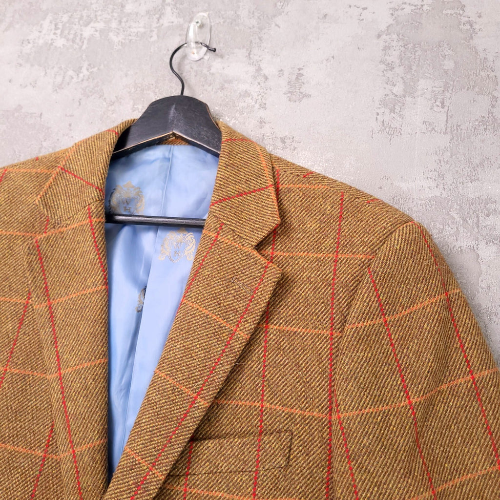 William Hunt Tweed Blazer Jacket Mens 38R Brown Red Check Elbow Patch Sport Coat