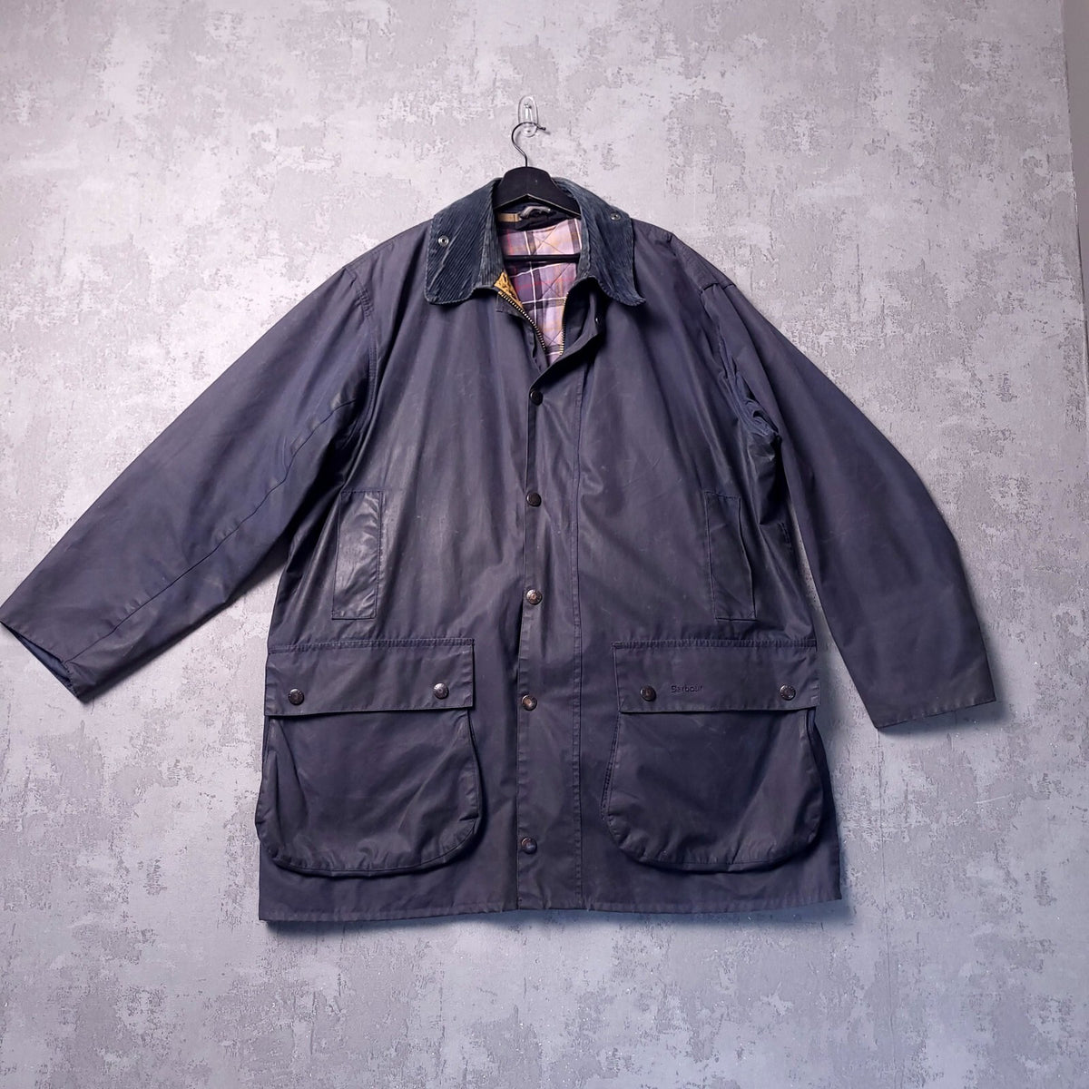 Barbour Wax Border Jacket Mens 46R Regular Fit Navy Blue Tartan Lined Coat