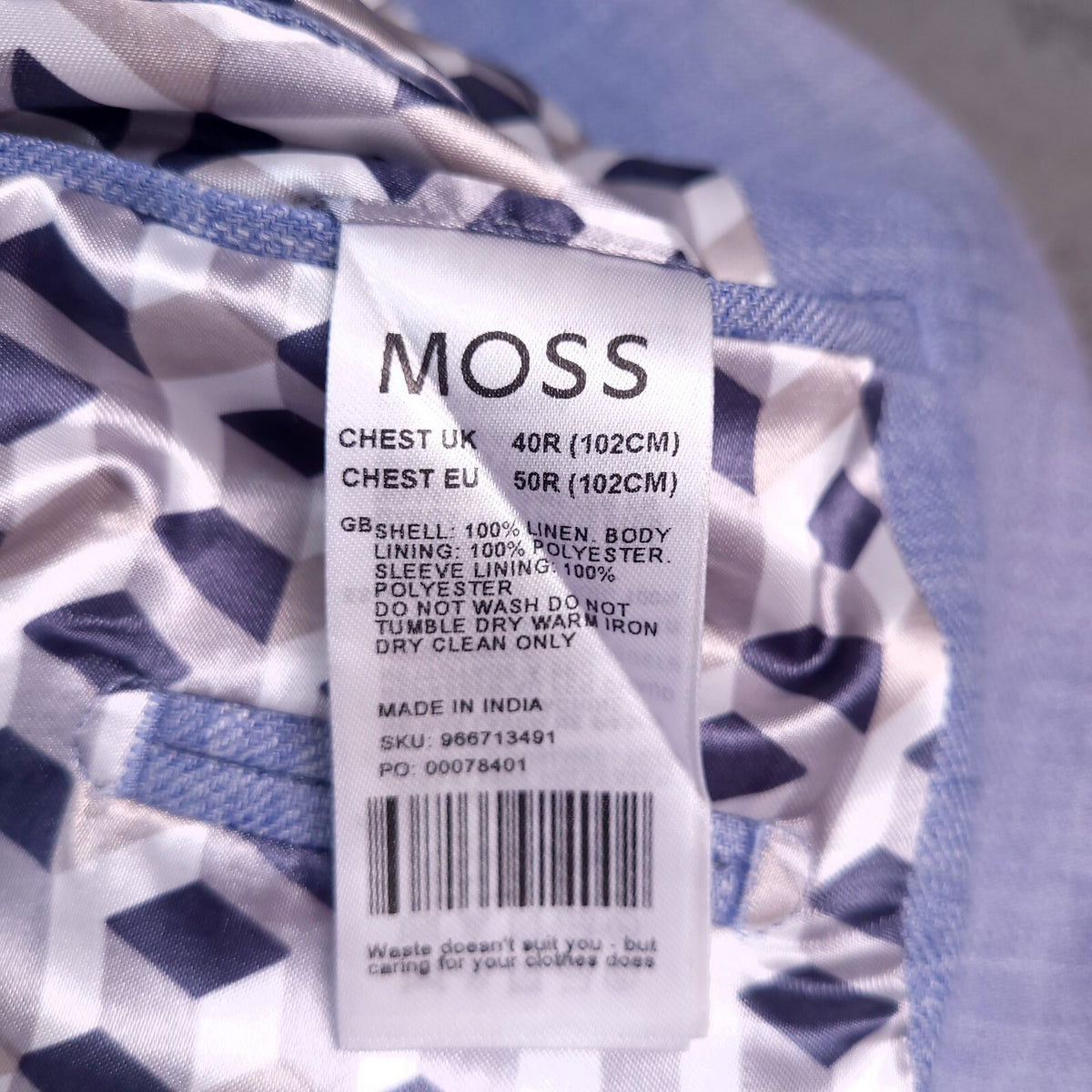 Moss Linen Blazer Jacket Mens 40R Tailored Fit Light Blue Sport Coat