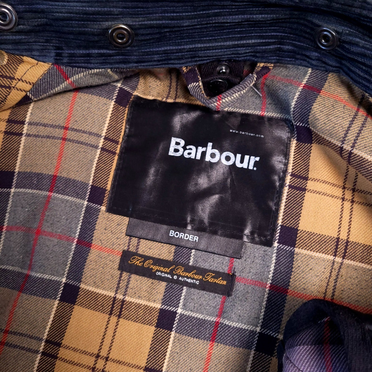 Barbour Wax Border Jacket Mens 46R Regular Fit Navy Blue Tartan Lined Coat