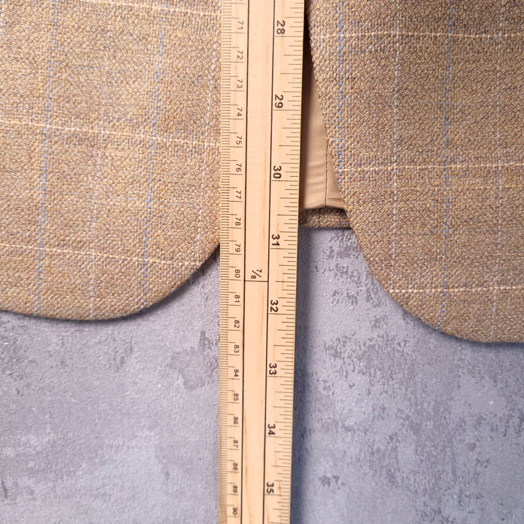 Brook Taverner Tweed Blazer Jacket Mens 46S Tan Blue Check 100% Wool Sport Coat