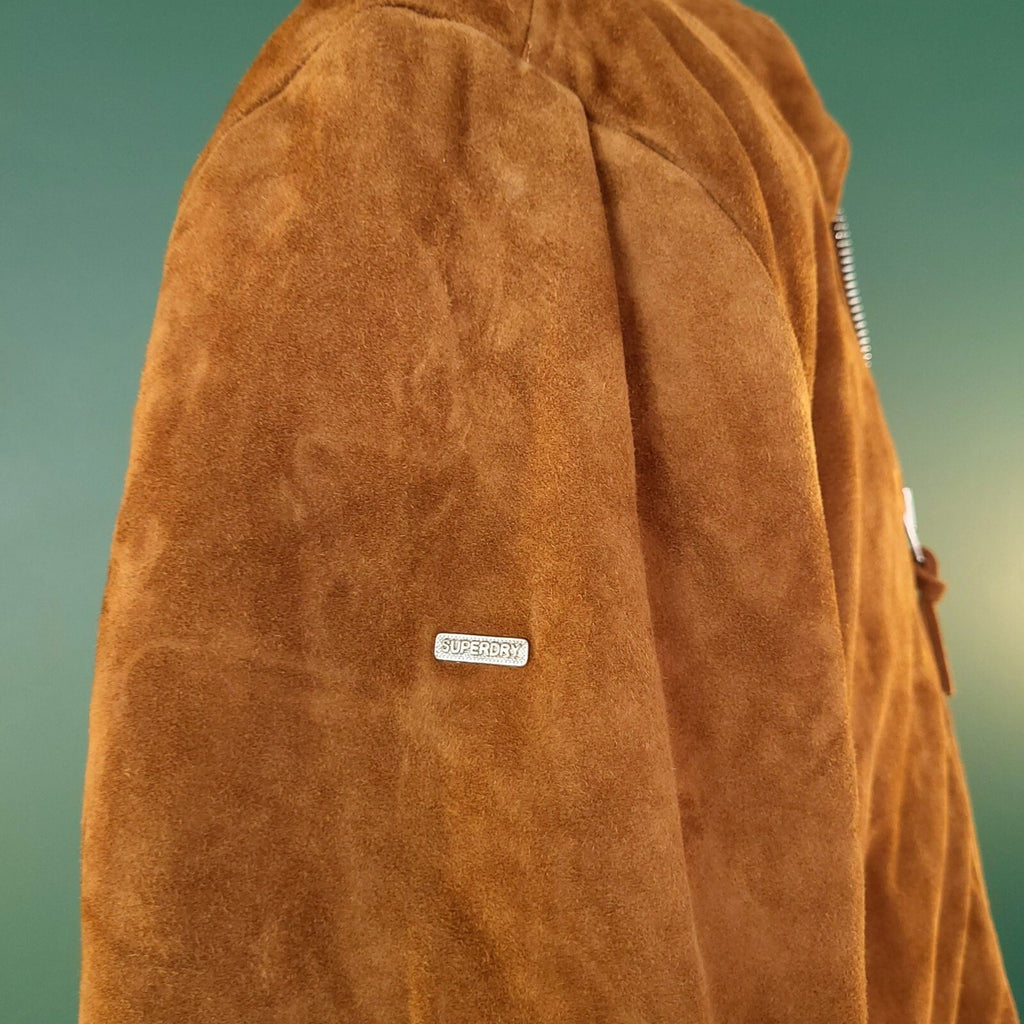 Superdry Suede Leather Jacket Mens M Regular Fit Brown Tan Harrington Full Zip