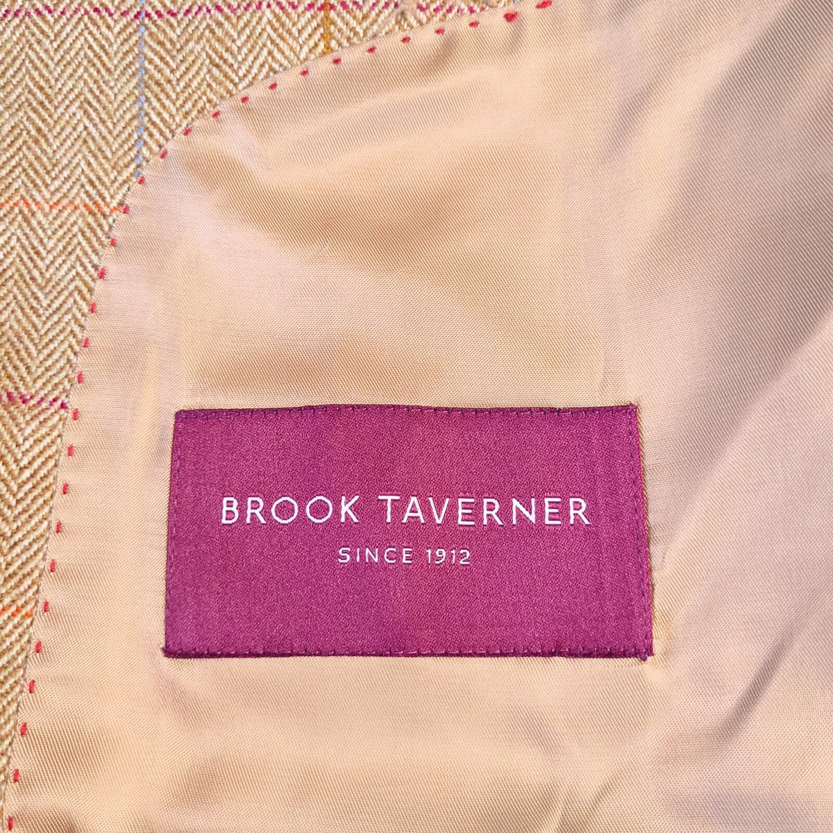 Brook Taverner Herringbone Tweed Blazer Jacket Mens 40R Beige Check Wool Sport