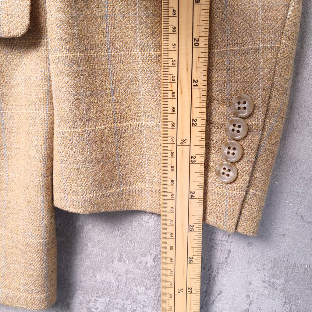 Brook Taverner Tweed Blazer Jacket Mens 46S Tan Blue Check 100% Wool Sport Coat