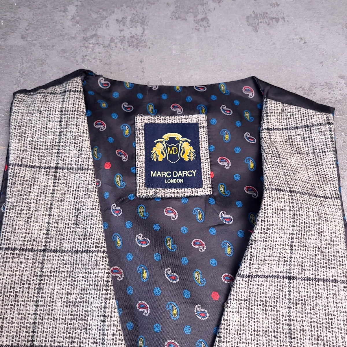 Marc Darcy Tweed Blazer Waistcoat Mens 38R Regular Grey Check Elbow Patch