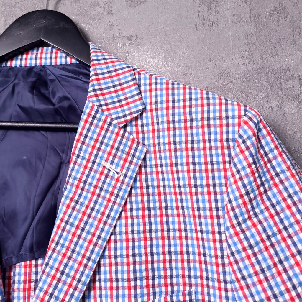 Brooks Brothers Seerscuker Blazer Jacket Mens 46L  Red Blue Cotton Check Sport