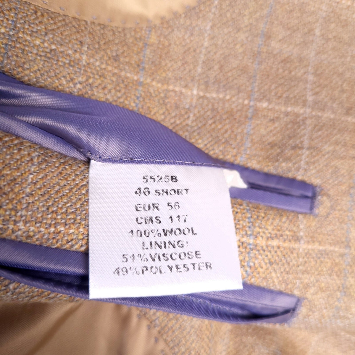 Brook Taverner Tweed Blazer Jacket Mens 46S Tan Blue Check 100% Wool Sport Coat