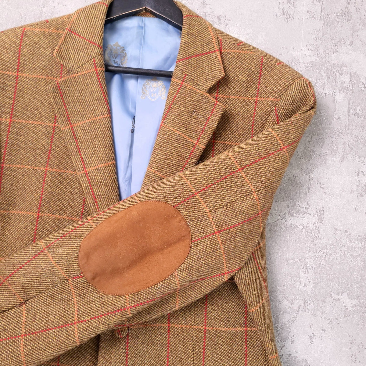 William Hunt Tweed Blazer Jacket Mens 38R Brown Red Check Elbow Patch Sport Coat