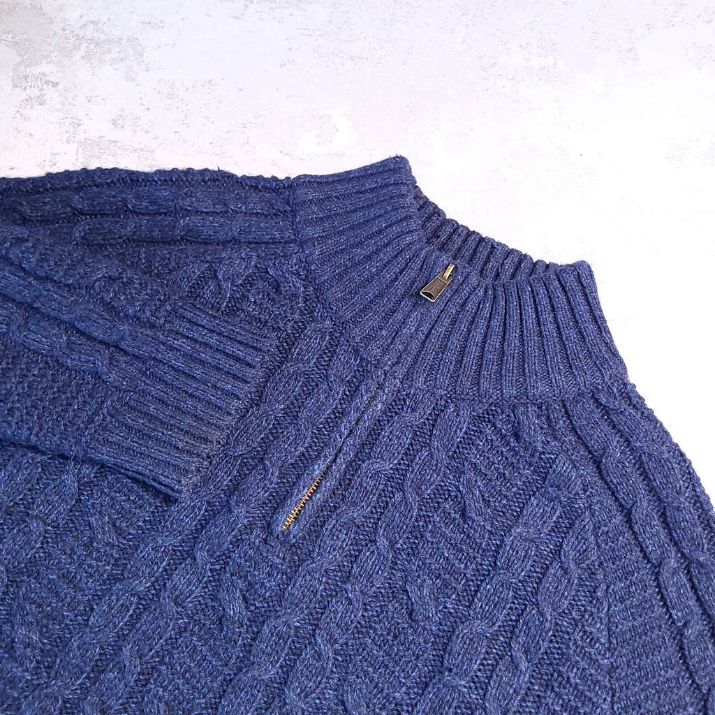 Fat Face Wool Jumper Mens XXL Regular Fit Navy Cable Knit Quarter Zip Sweater