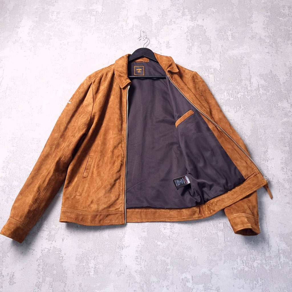 Superdry Suede Leather Jacket Mens M Regular Fit Brown Tan Harrington Full Zip