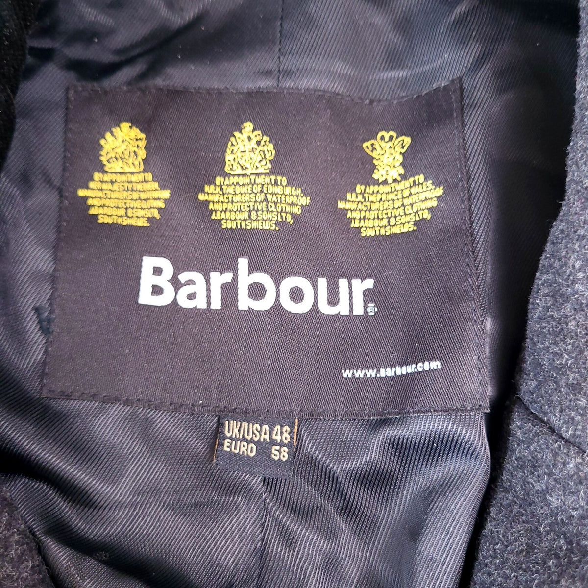 Barbour Wool Overcoat Jacket Mens 48R Regular Fit Charcoal Grey Edward