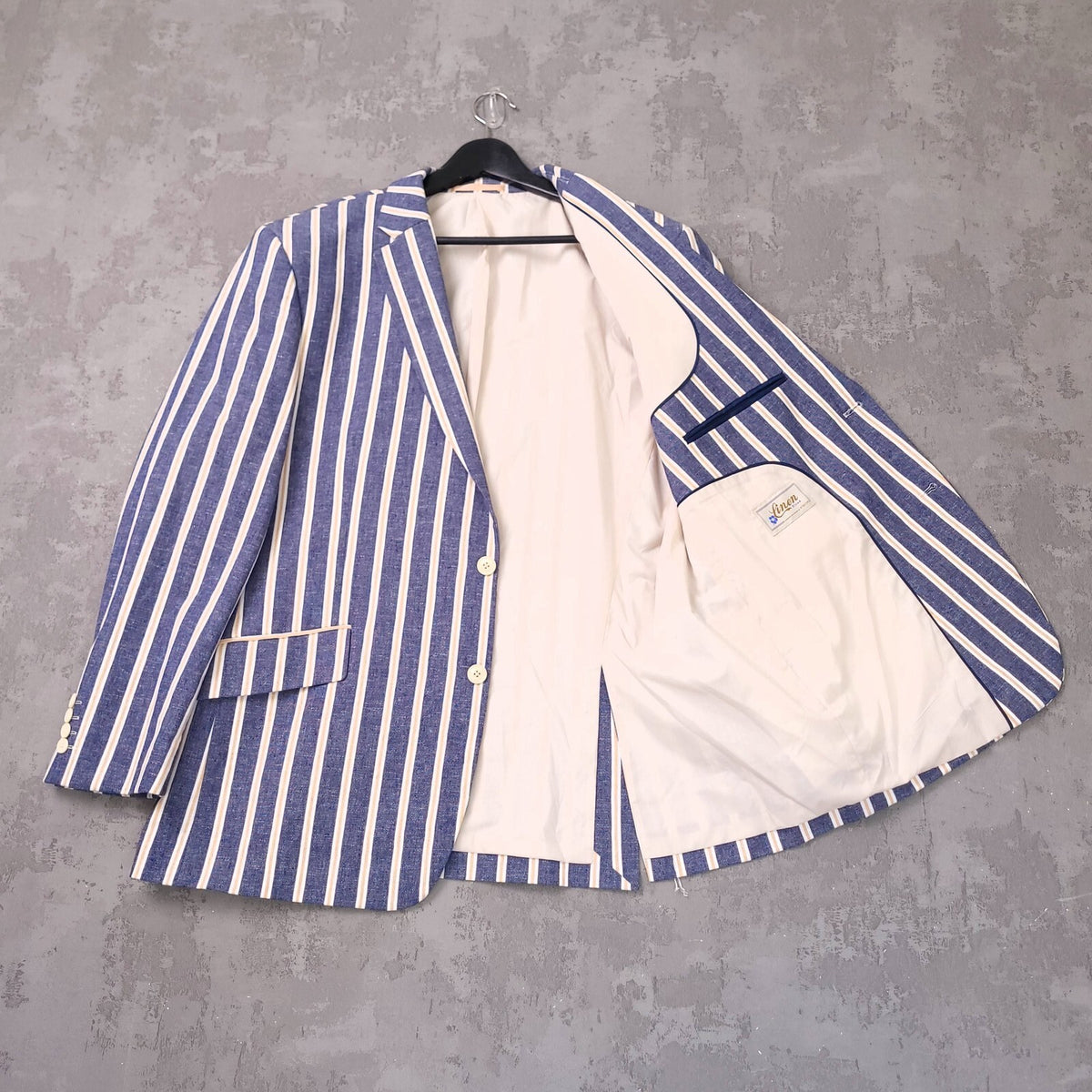 Brook Taverner Linen Blazer Mens 46S Short Fit Blue White Stripe Jacket Boating