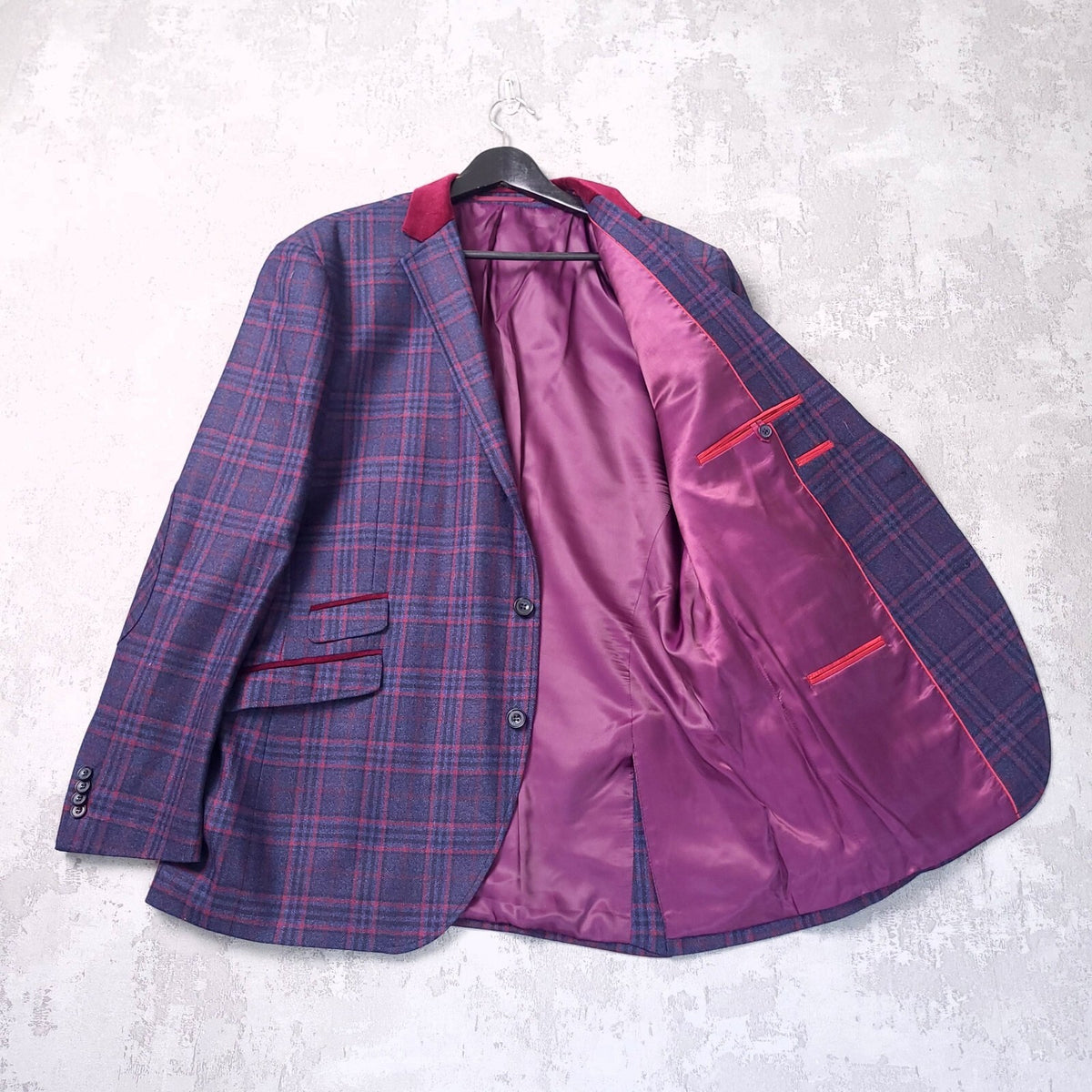 Brook Taverner Tweed Blazer Mens 46R Regular Blue Red Check Velvet Sport Coat