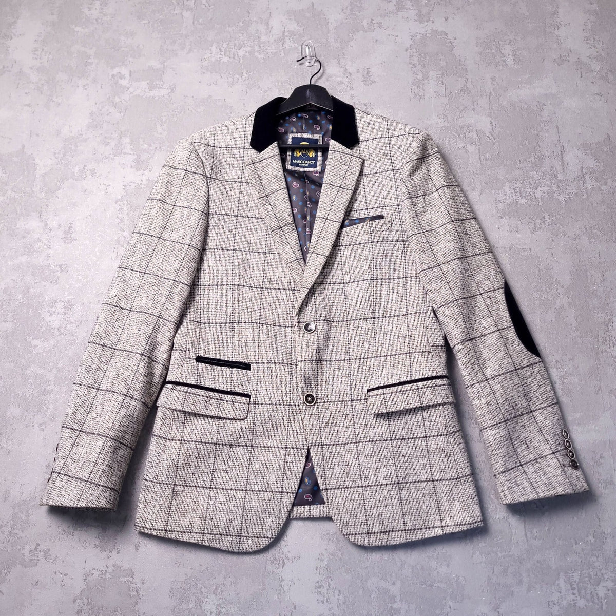 Marc Darcy Tweed Blazer Waistcoat Mens 38R Regular Grey Check Elbow Patch