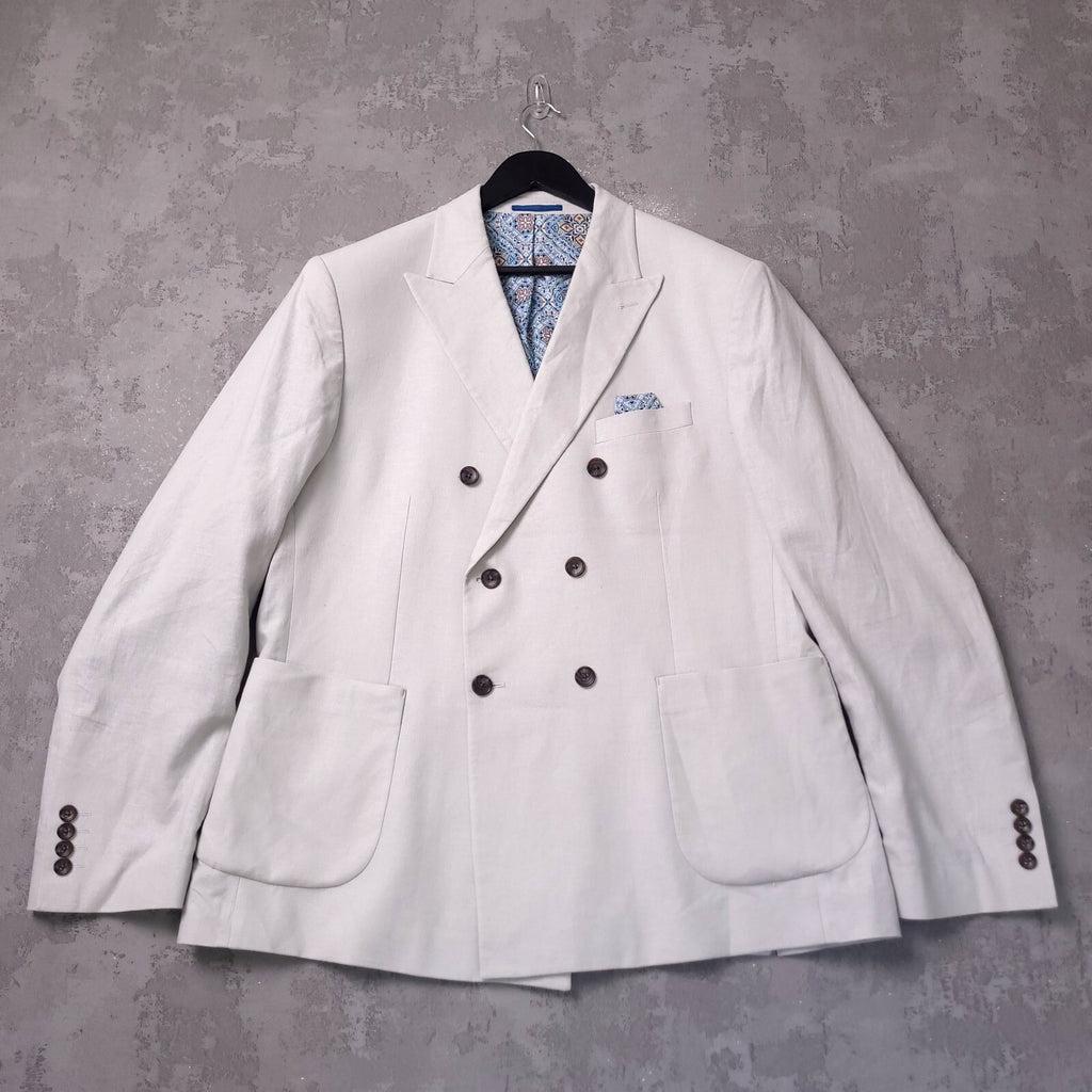 Next Tailoring Linen Blazer Jacket Mens 46R Slim Fit Light Grey Double Breasted