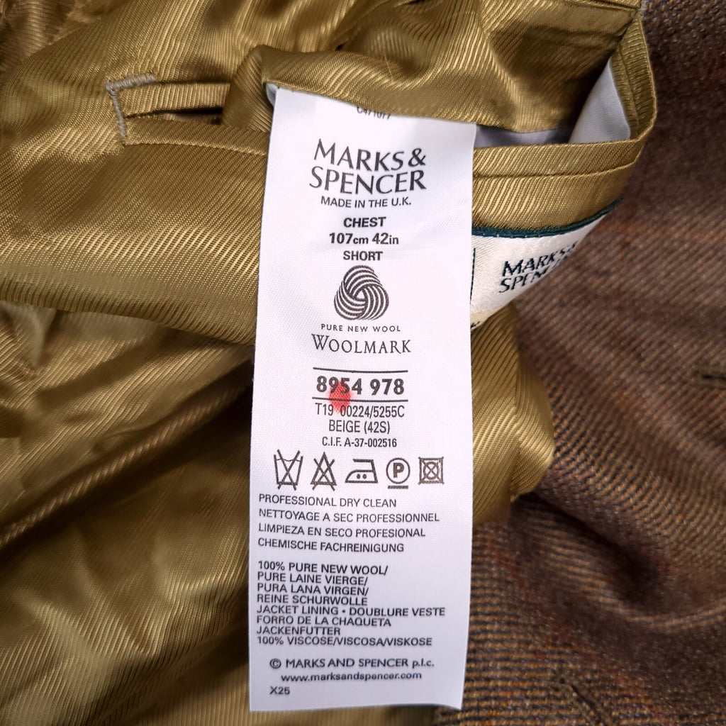 Marks & Spencer Tweed Blazer Jacket Mens 42S Beige Check Sport Coat Pure Wool