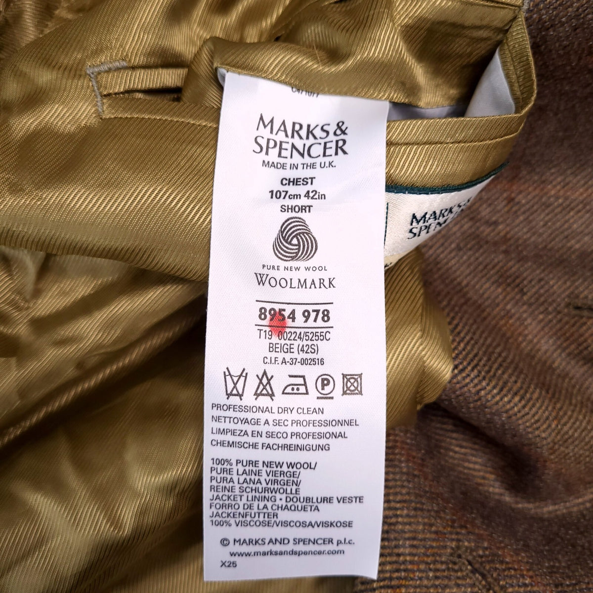 Marks & Spencer Tweed Blazer Jacket Mens 42S Beige Check Sport Coat Pure Wool