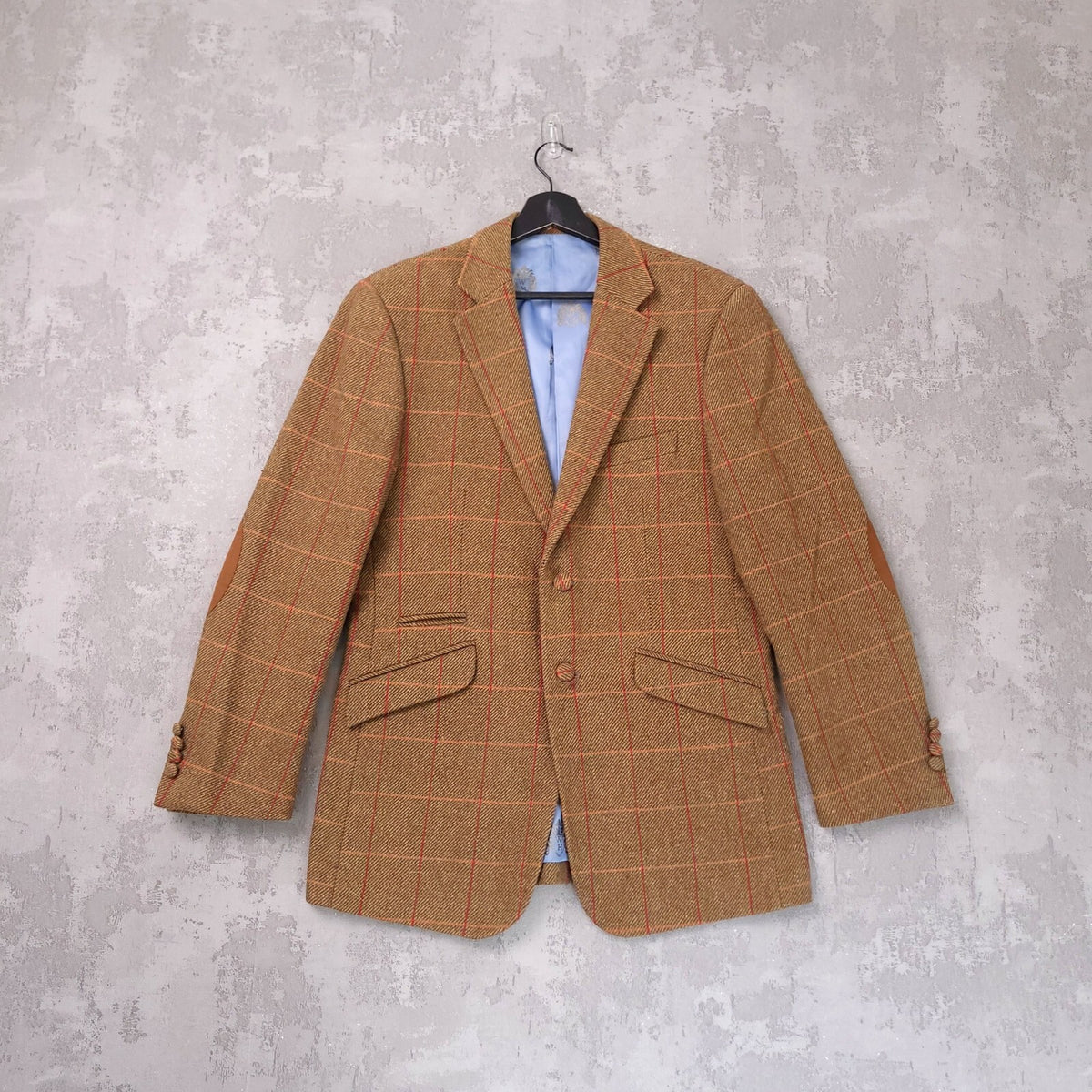 William Hunt Tweed Blazer Jacket Mens 38R Brown Red Check Elbow Patch Sport Coat