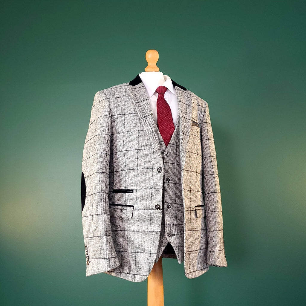 Marc Darcy Tweed Blazer Waistcoat Mens 38R Regular Grey Check Elbow Patch