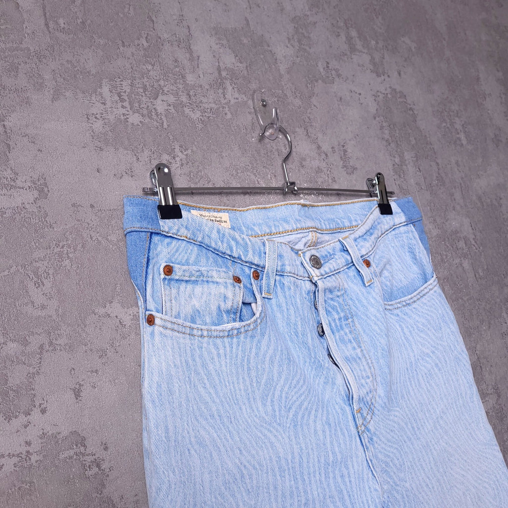 Levis 501 Jeans Womens W28 L28 Straight Leg Light Blue Wavy Print Button Fly