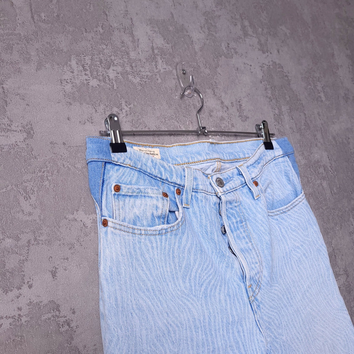 Levis 501 Jeans Womens W28 L28 Straight Leg Light Blue Wavy Print Button Fly