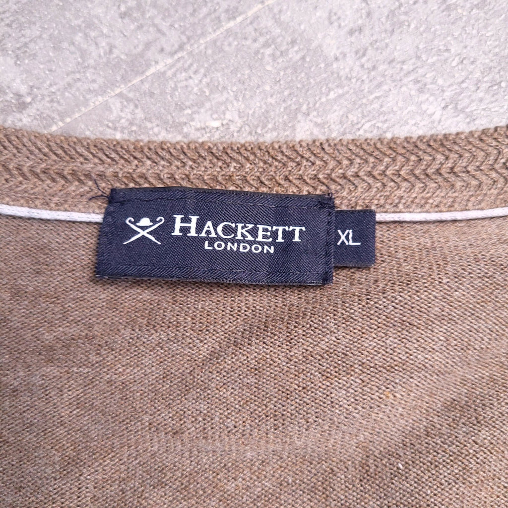 Hackett London Cotton Silk Jumper Mens XL Reg Fit Brown Coffee V Neck Sweater