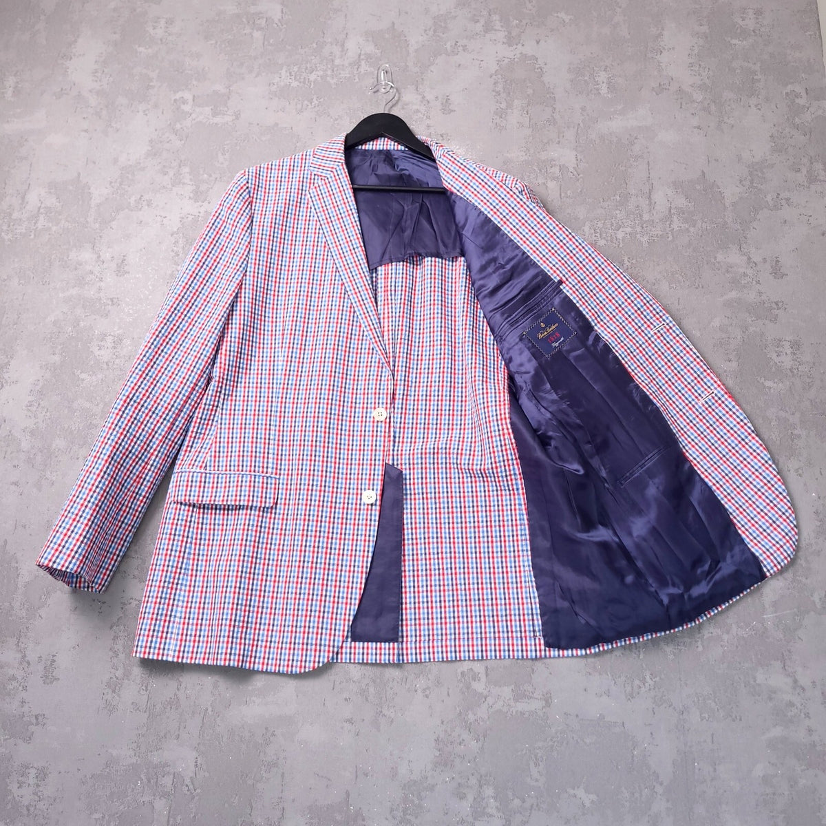 Brooks Brothers Seerscuker Blazer Jacket Mens 46L  Red Blue Cotton Check Sport