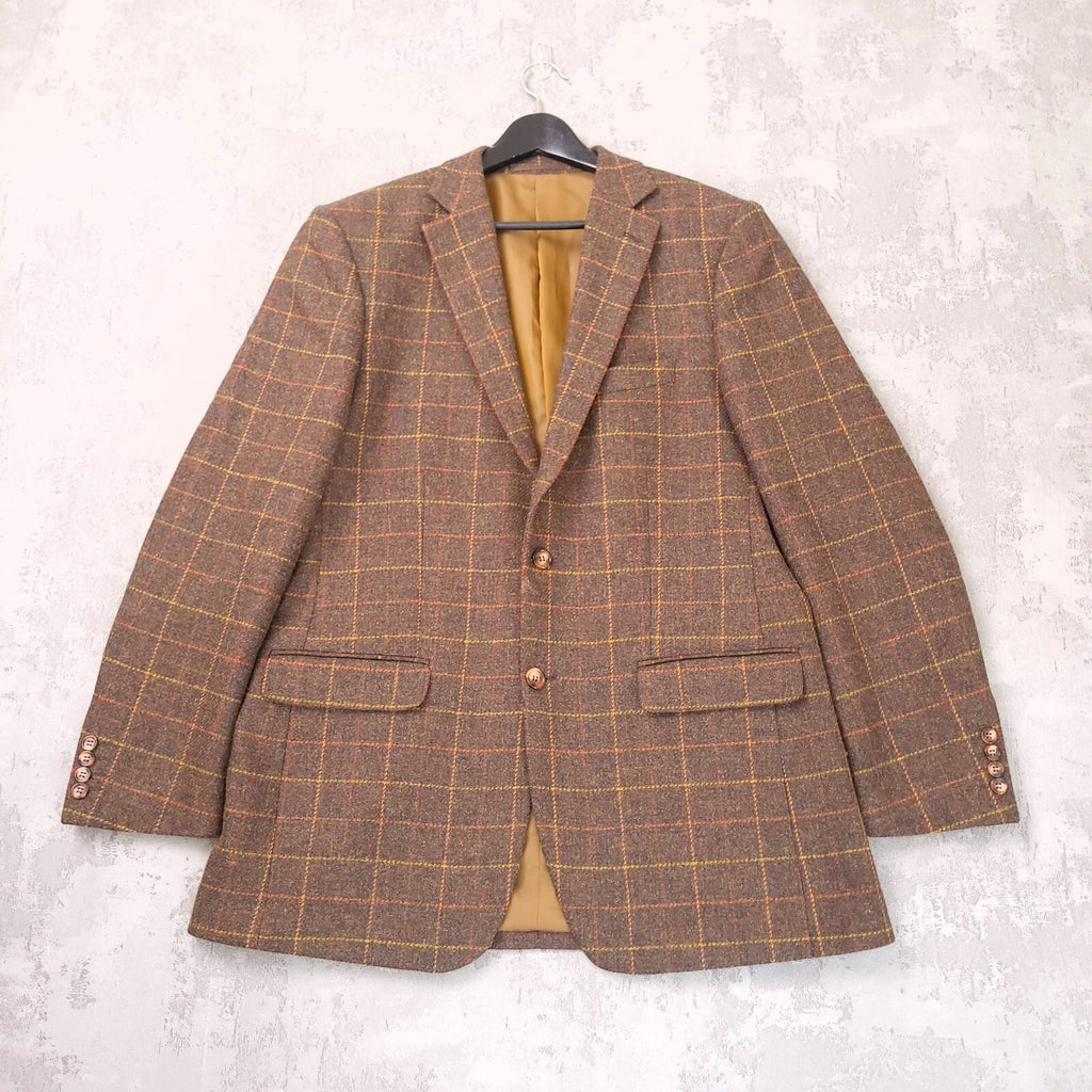 Brook Taverner Tweed Blazer Mens 40L Brown Check 100% Wool Jacket Sport Coat
