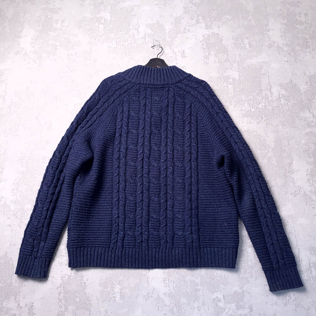 Fat Face Wool Jumper Mens XXL Regular Fit Navy Cable Knit Quarter Zip Sweater