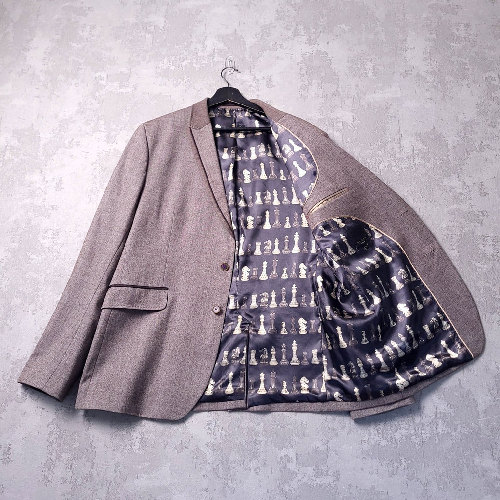 Ted Baker Tweed Blazer Jacket Mens 44R Regular Fit Grey Chess Lining Sport Coat