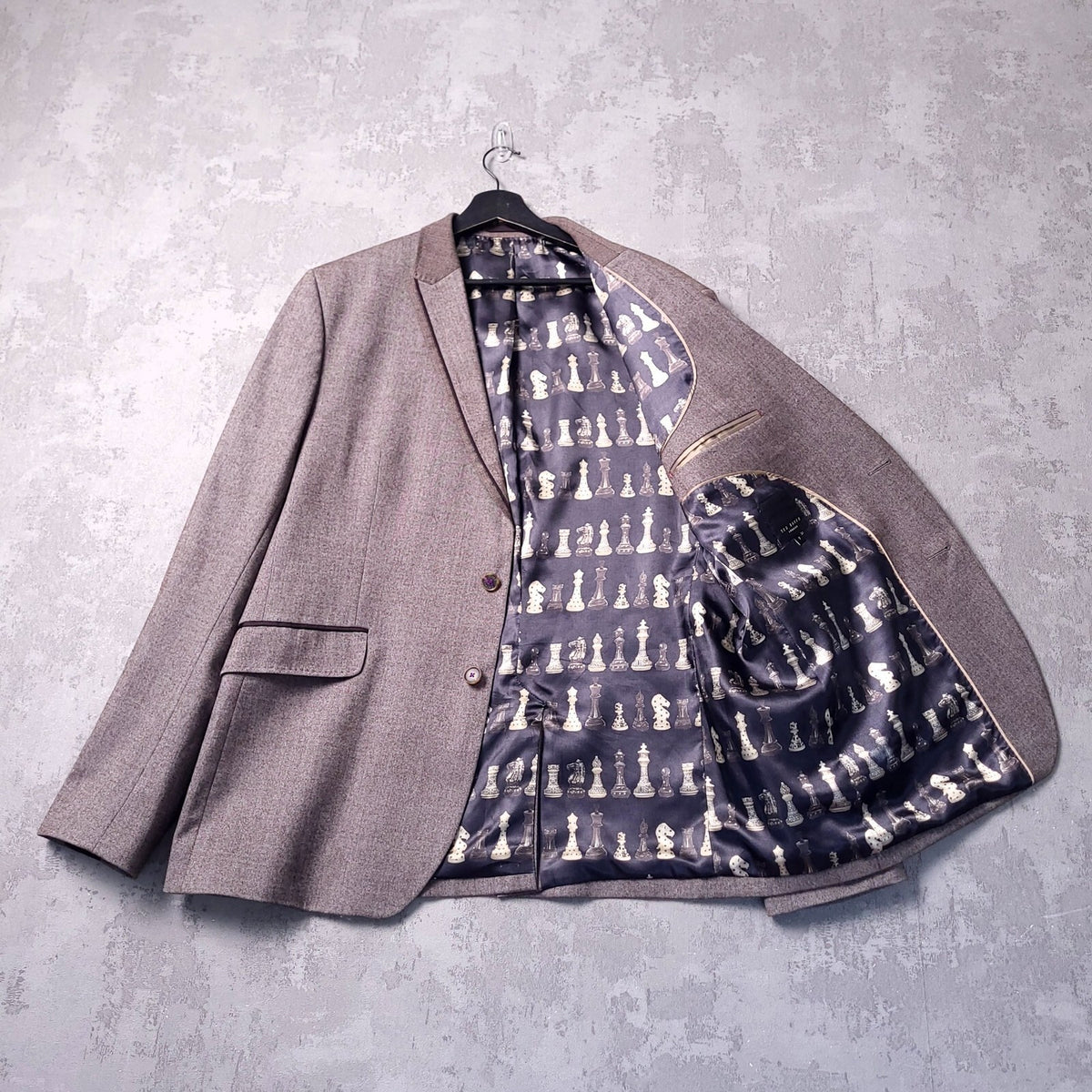 Ted Baker Tweed Blazer Jacket Mens 44R Regular Fit Grey Chess Lining Sport Coat