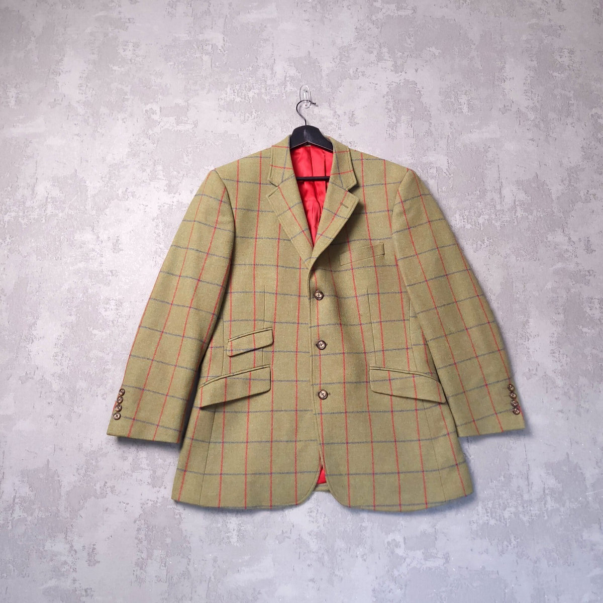 Brook Taverner Tweed Blazer Mens 40S Olive Green Windowpane Check MoonWool