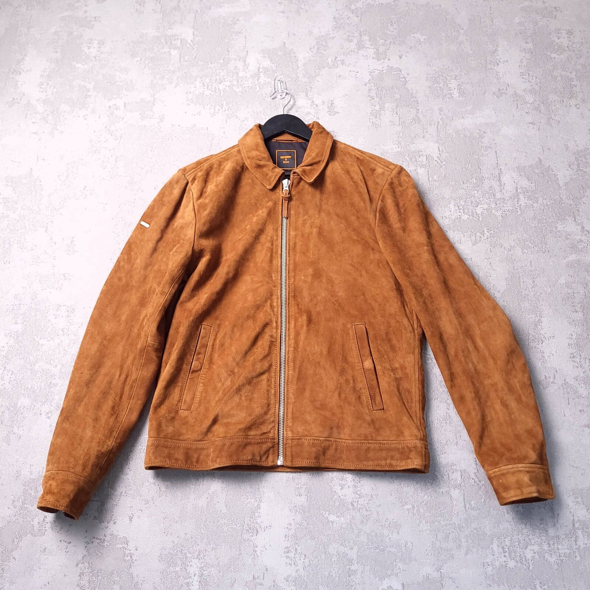 Superdry Suede Leather Jacket Mens M Regular Fit Brown Tan Harrington Full Zip