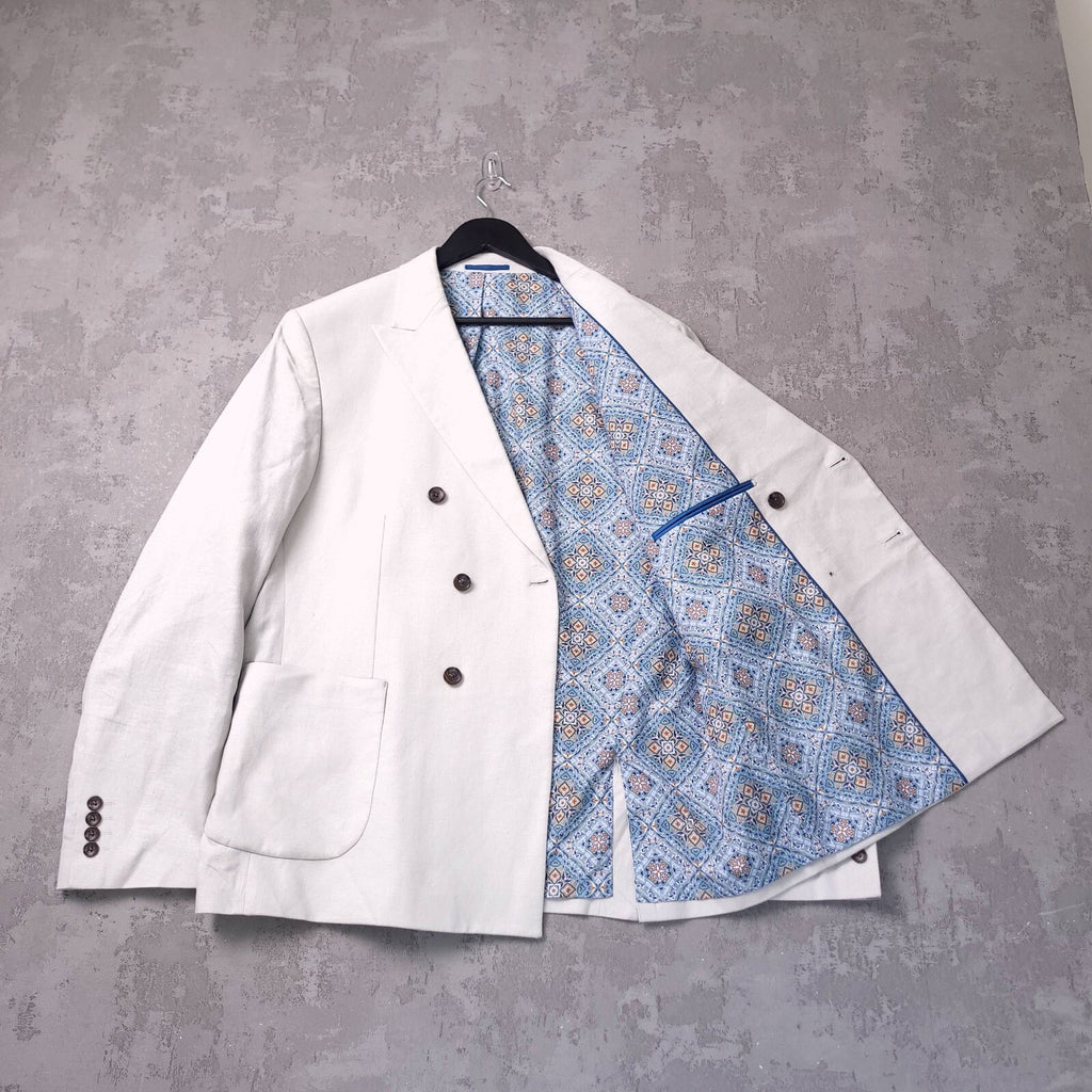 Next Tailoring Linen Blazer Jacket Mens 46R Slim Fit Light Grey Double Breasted