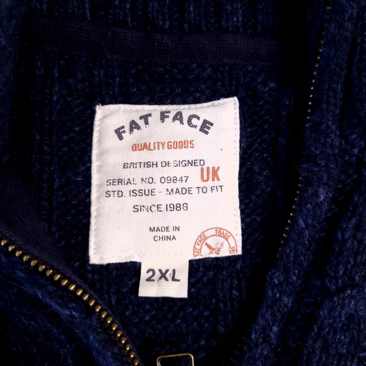 Fat Face Wool Jumper Mens XXL Regular Fit Navy Cable Knit Quarter Zip Sweater