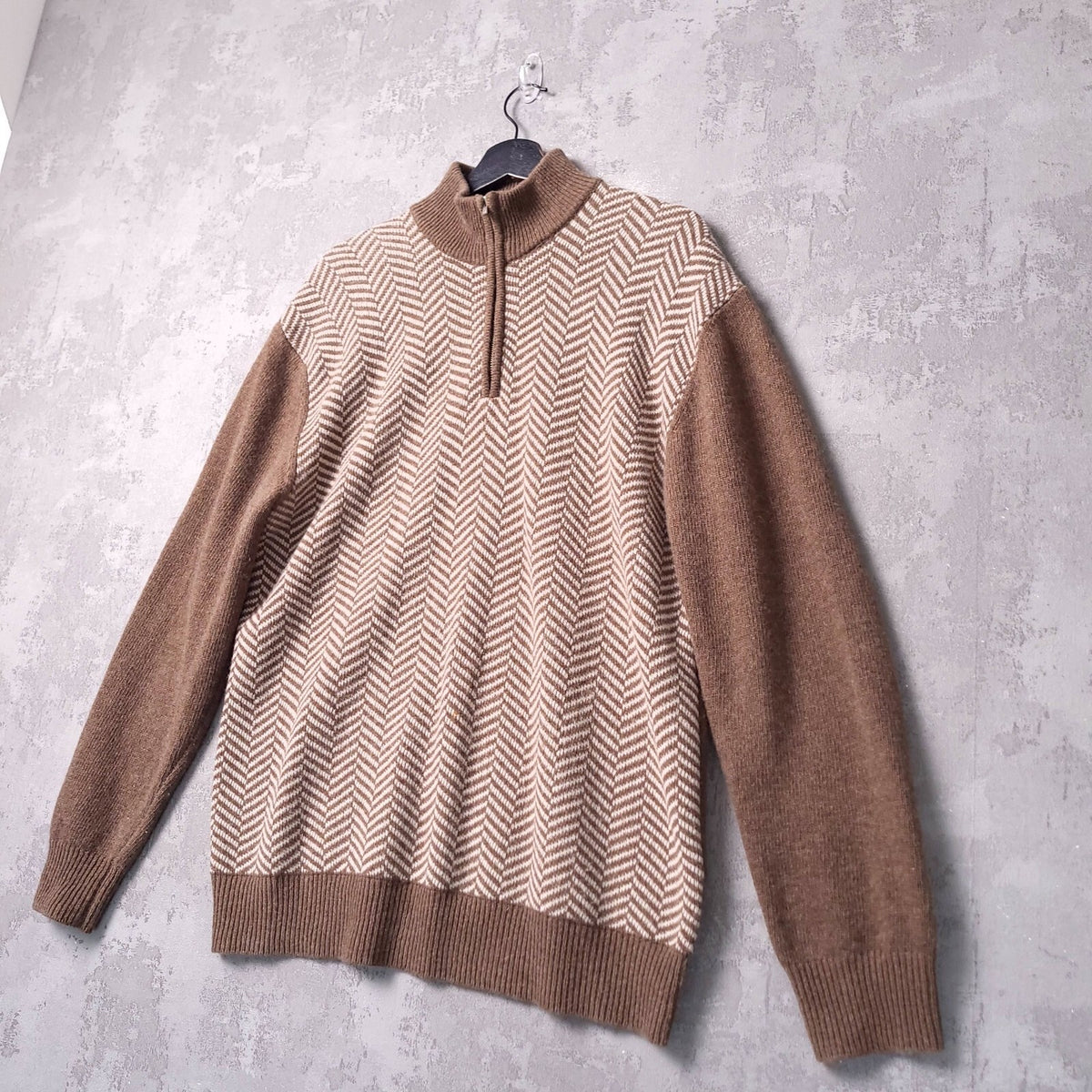 Next Signature Wool Cashmere Jumper Mens L Regular Fit Brown Herringbone Quarter