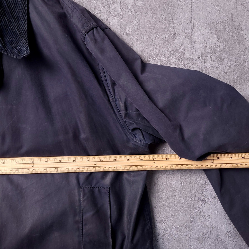 Barbour Wax Border Jacket Mens 46R Regular Fit Navy Blue Tartan Lined Coat