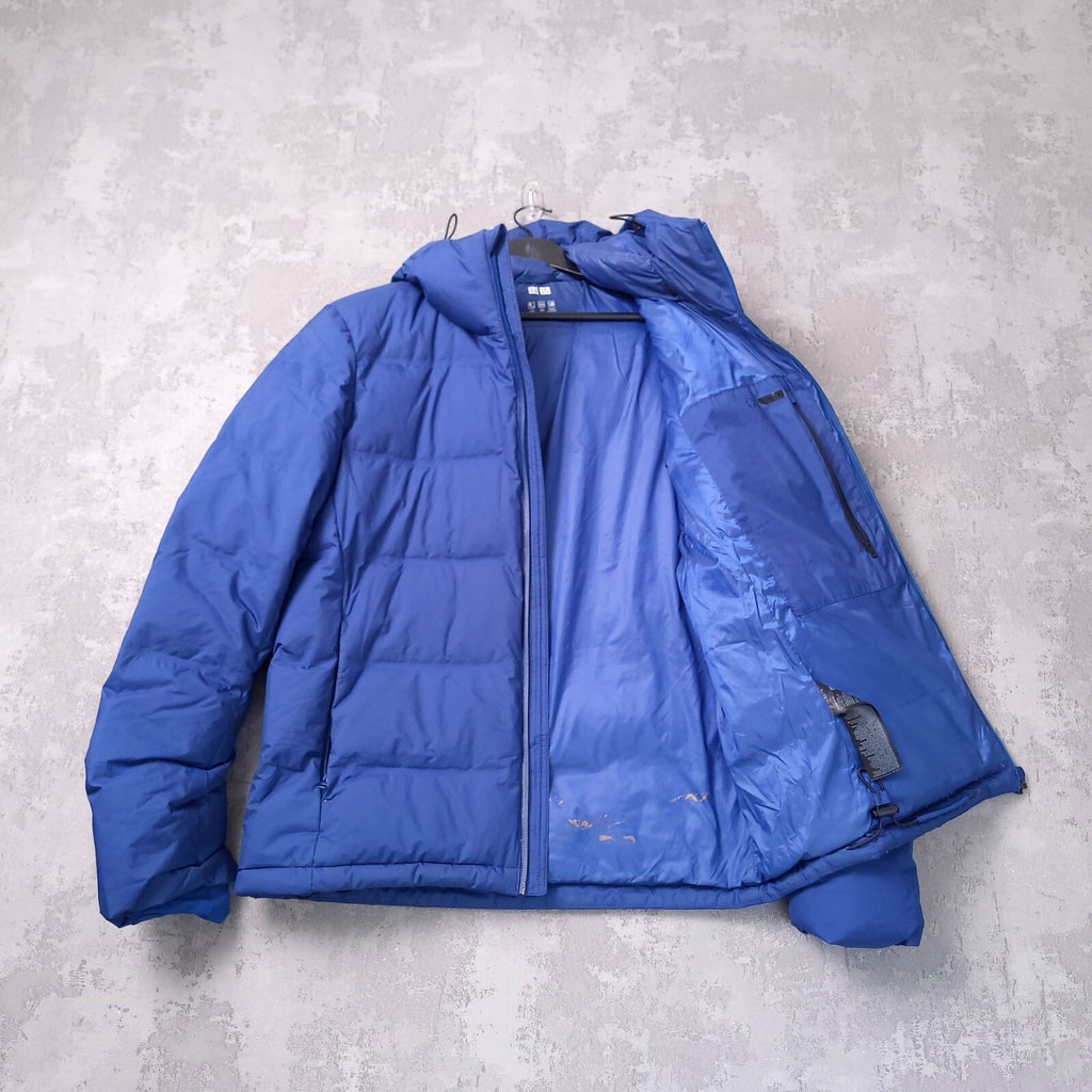 Uniqlo Down Puffer Jacket Mens Medium Regular Blue Hooded Quilted Full Zip Coat